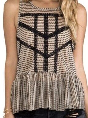 Free People Lace Peplum Tank Top Cutout Back Beige Black Size Small